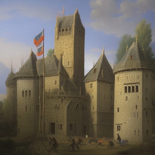 medieval castle with people<br />
